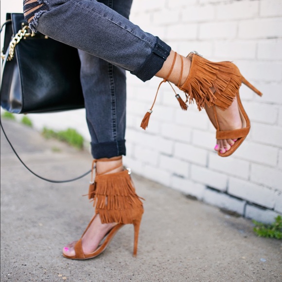 Steve Madden Shoes - Steve Madden Camel Suede Fringe Heeled Sandal